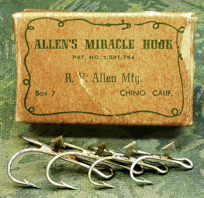 11. Allen’s Miracle Hook, pat. No 2,591,764, R V Allen Mfg., Box 7, Chino Calif. I suspect that these hooks were made with the arrow to hold pork rind. There is nothing on the box to indicate otherwise.