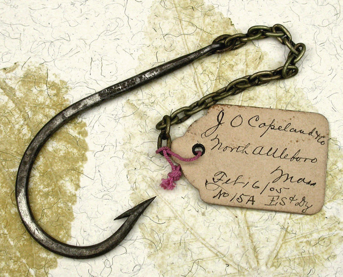 12a T J Conroy, “Armisac Pass”, 14/0, needle eye, with chain, knife point, forged, tinned. 1900’s collection. Original tag reads, J O Copeland & Co, North Attleboro Mass., Feb 16/05, No 15A, FS & Dz or Dg.