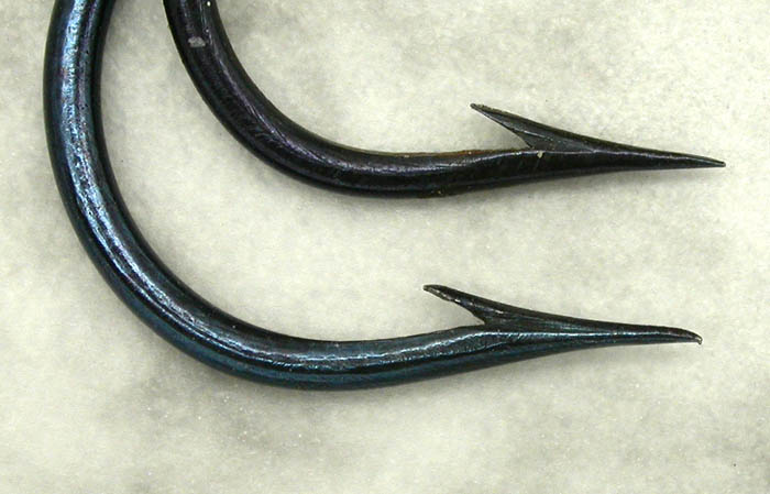 Two blued hooks, about 1/0 & 1, early Partridge? Gift from Tim Trexler