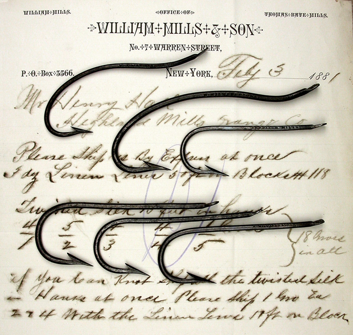 Six very old hooks & Wm Mills letter.
