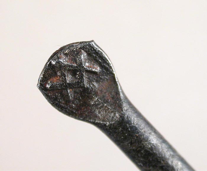34c  Clerk, Green & Baker hook with a Mason’s symbol on the flat and the name embossed on the bottom of the shank. There is no place of manufacture on the hook. Hook is about 3 ¾” long and a gape of about 1 1/8” directly above the point. This hook and #33 are almost the same length, the bends are virtually identical and except for the slight upturn in the shank and slightly lower point, one could surmise they came from the same hook shop. I am not saying they were but hook companies did private label hooks back in the day.