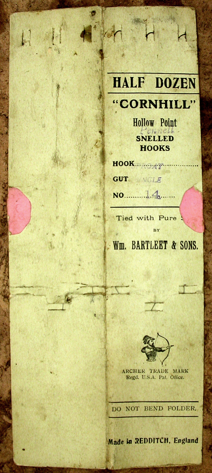 56a  Wm. Bartleet & Sons, Cornhill, Hollow point Pennell, sproat, single gut, #14, bronzed. This is a pretty shabby packet of hooks but until I get a better one, it will have to do.