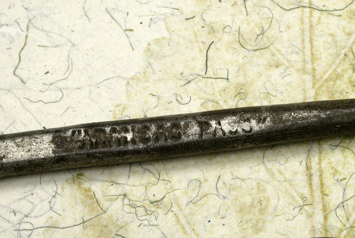 12b T J Conroy, “Armisac Pass”, 14/0, needle eye, with chain, knife point, forged, tinned. 1900’s collection. Original tag reads, J O Copeland & Co, North Attleboro Mass., Feb 16/05, No 15A, FS & Dz or Dg.
