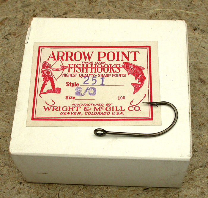 23. Wright & McGill Co., Arrow Point Fish Hooks, #2/0, #251, ring eye, bronzed.