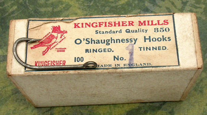 7. Kingfisher Mills, #350, #1, O’Shaughnessy, forged, Dublin point, tinned, ringed straight eye 1 11/32” long, England.