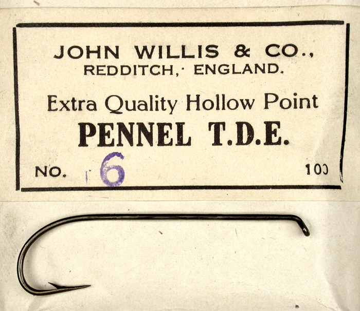 8b John Willis & Co., #6, hollow point, Pennel Turn down eye, bronzed, 15/16” long, Redditch England.