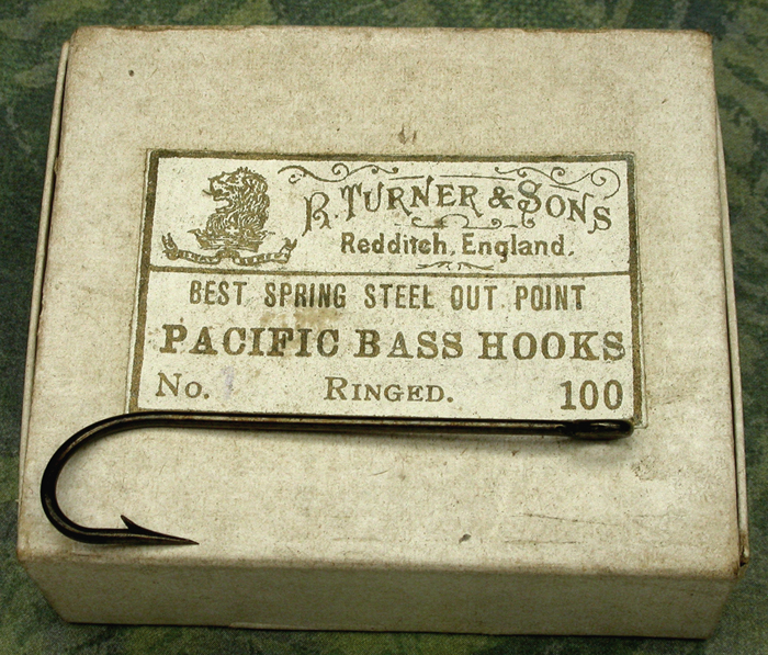 4a  R. Turner & Sons, Pacific Bass Hooks, #1, out point, ringed, bronzed, Redditch England. 1. Stearns Collection