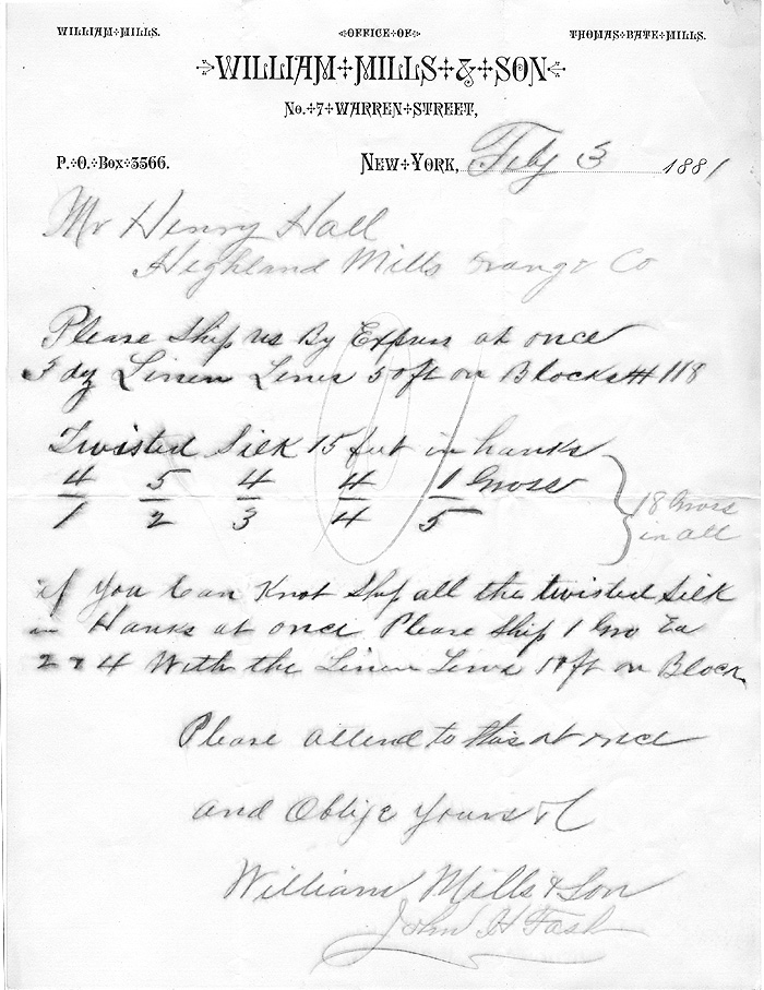 William Mills & Son, letter 1881 